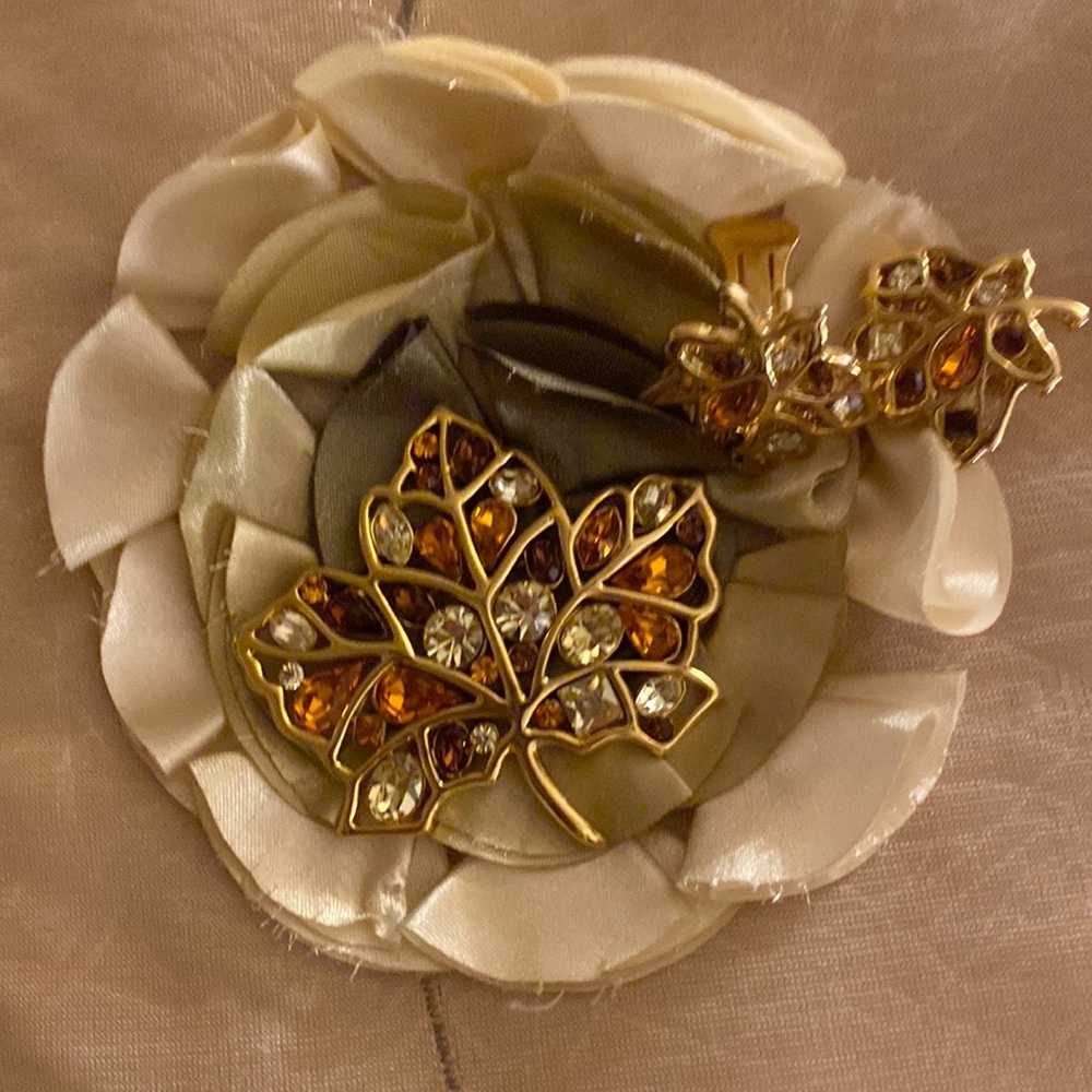 From the Joan Rivers Classic Collection Fall leaf pin and  clip earrings